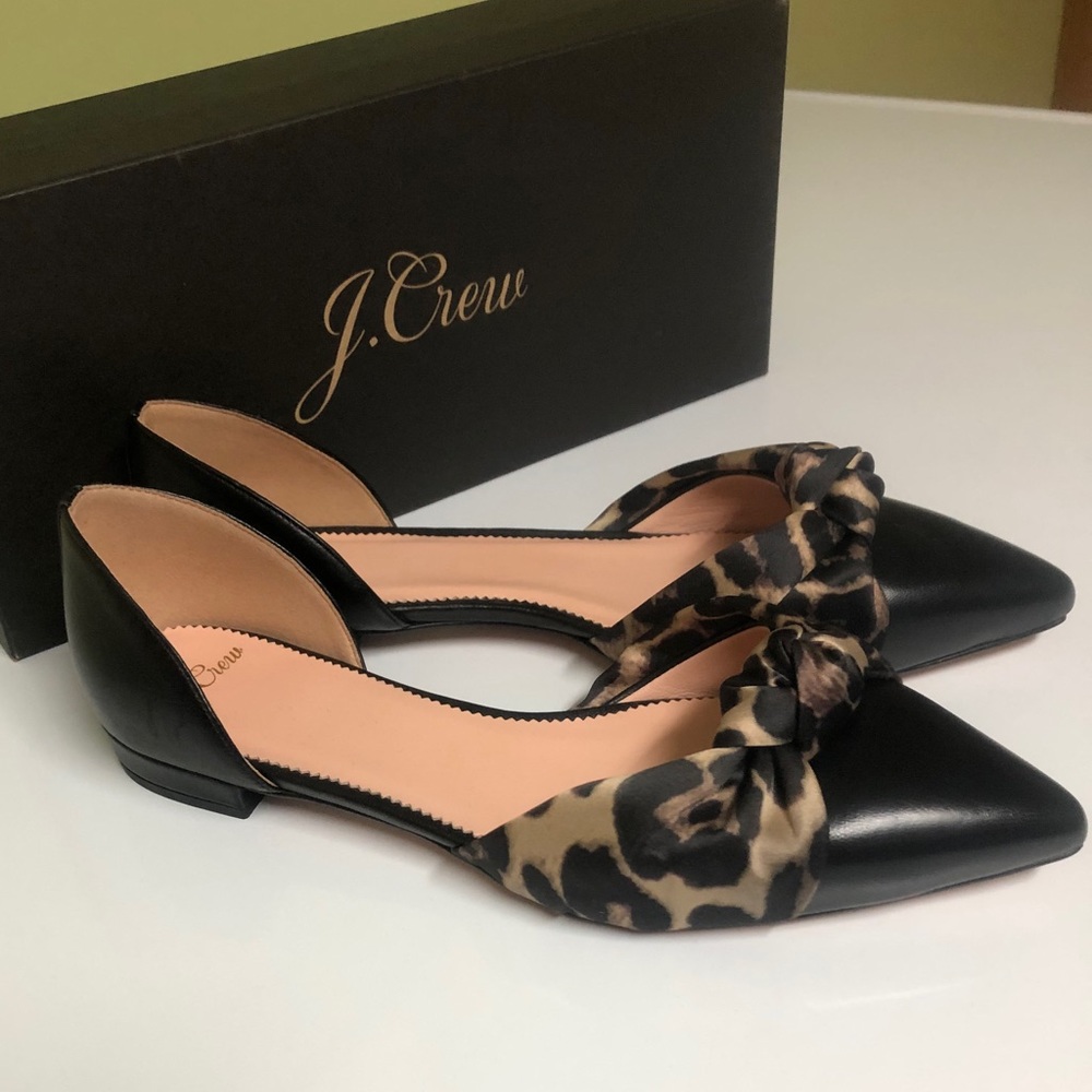 JCrew Leather D’Orsay Flats w/ Satin Leopard Knot
